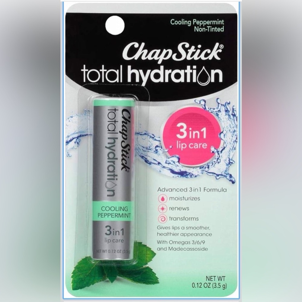 Chapstick Total Hydration 3-In-1 Lip Care Cooling Peppermint Non-Tinted .12oz